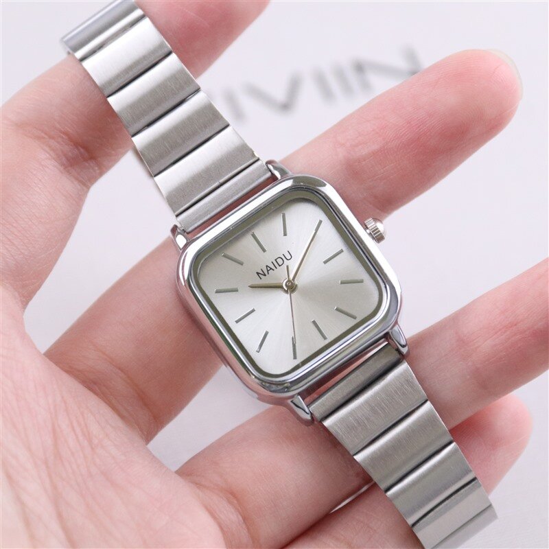 Jam tangan Quartz wanita, arloji kotak sederhana tali Stainless Steel kasual minimalis