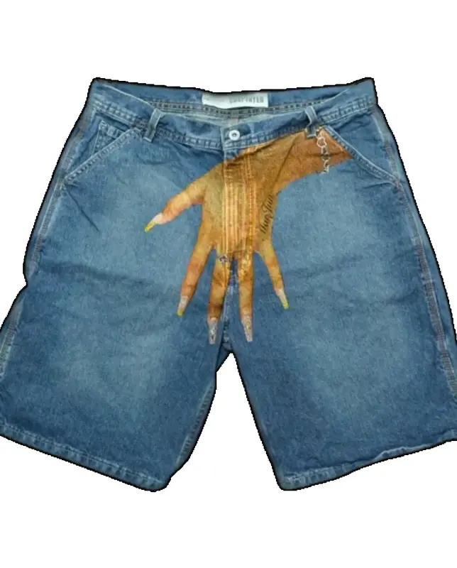 Europeu e americano Hip Hop Denim Shorts, dedo impresso personalizado Y2K, shorts soltos azuis, shorts de basquete, Street Wear, 2021