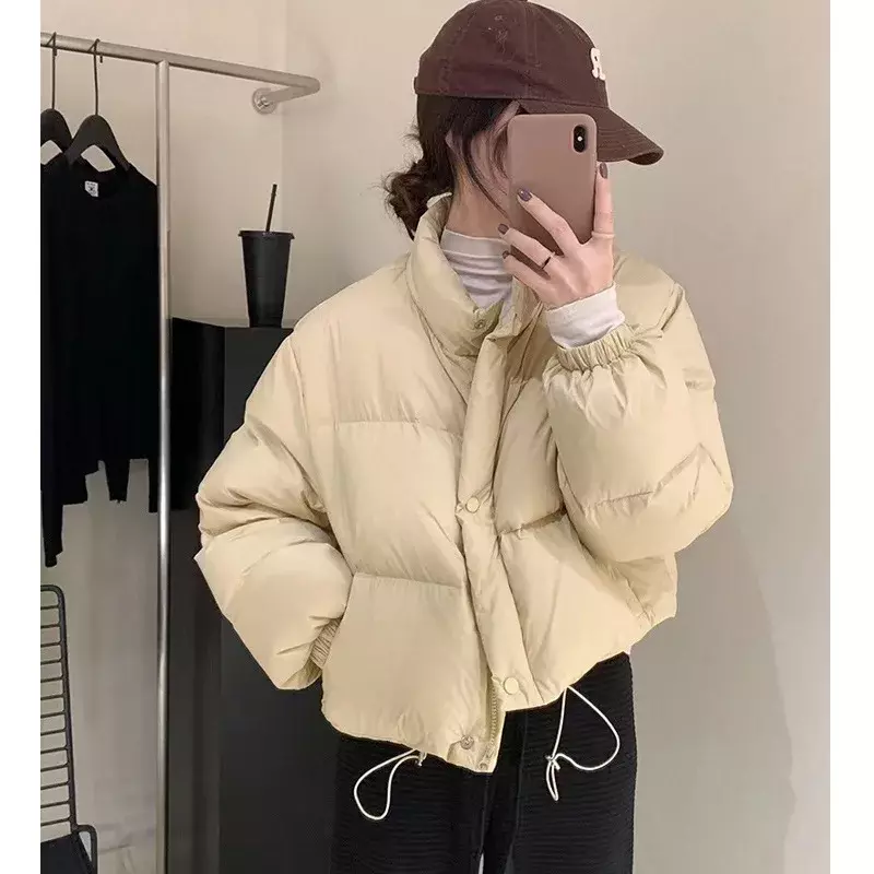 2023 Women's Pink Cropped Parka Winter Warm Stand Collar Puffy Jacket Women Korean Style Long Sleeve Cotton Padded Coat