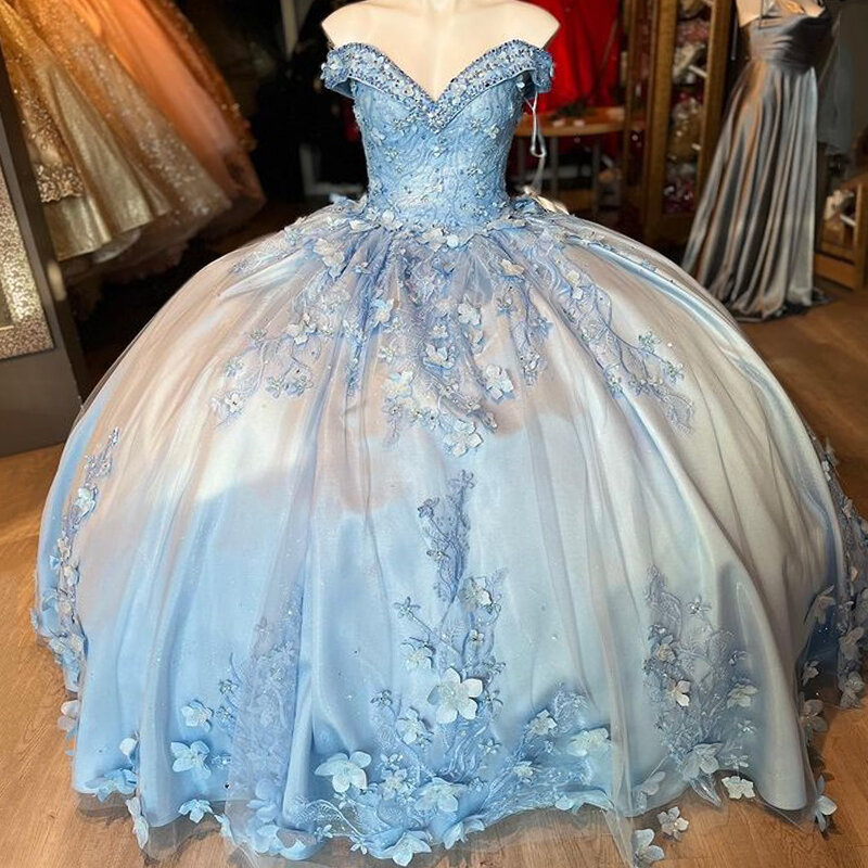 Блестящее платье небесно-голубого цвета с открытыми плечами, бальное платье для вечеринки, 15 лет
