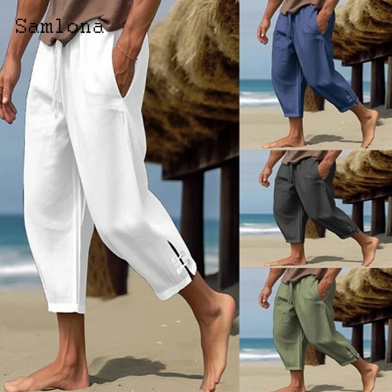 남성용 우아한 패션 버클 커프 리넨 바지, 단색 흰색 발목 길이 바지, 플러스 사이즈, 캐주얼 드로스트링 스웻팬츠, 2023