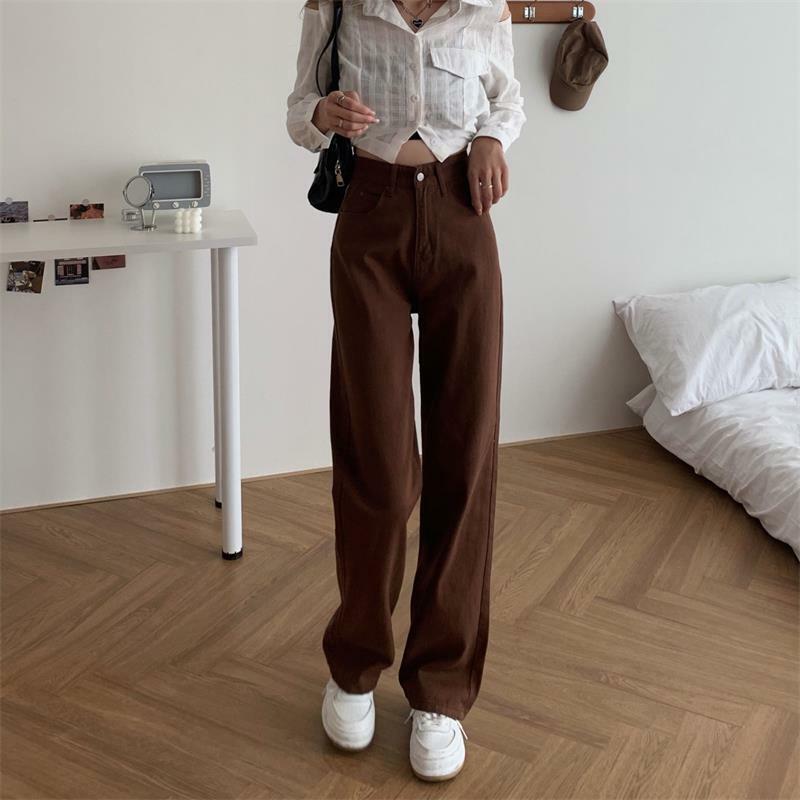 Sommer Frauen Braun Jeans Hohe Taille Lose Gerade Breite Bein Denim Weibliche Y2k Casual Streetwear Vintage Baggy Hosen
