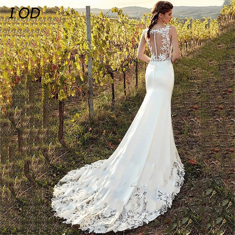 I OD Elegant V-Neck Mermaid Wedding Dress Sleeveless Backless Lace Applique Floor Length Bridal Gown Illusion Vestidos De Novia