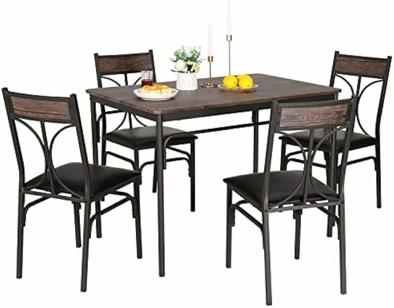 Set di sedie da cucina da 5 pezzi per casa, sala da pranzo, angolo colazione, fattoria, piccolo spazio, tavolo da pranzo per 4, marrone scuro