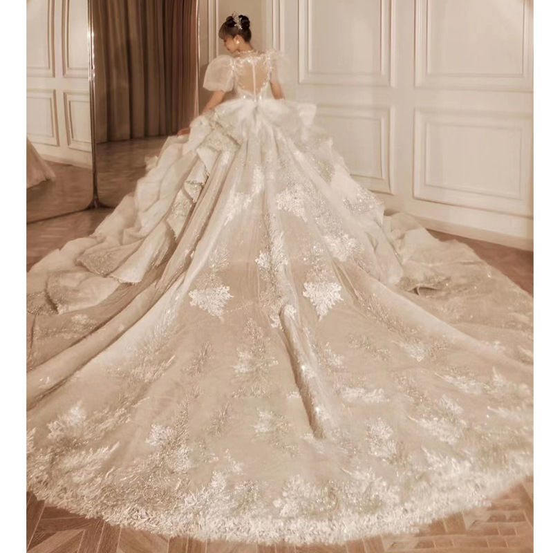 Gaun Pengantin Gaun Pesta Manik-manik Kristal Dubai Arabia Gaun Pengantin Glitter Mewah Wanita 2023 Lengan Bengkak Jubah Pernikahan Gaun Pengantin