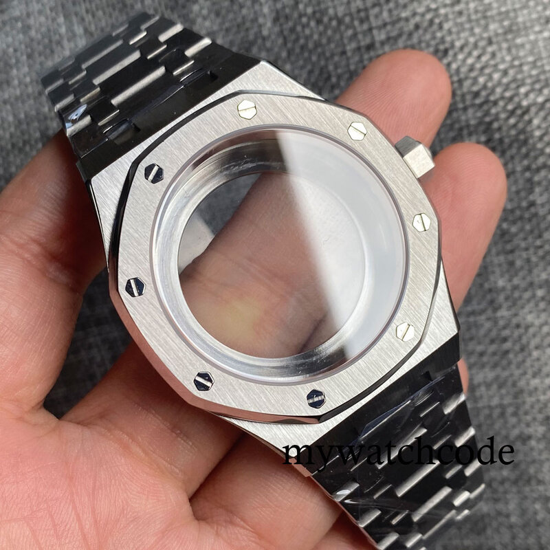 42mm Edelstahl Achteckige Design Gebürstet Uhr Fall Armband Sapphire Glas Fit NH35 NH36 NH34 Bewegung Glas Gehäuseboden