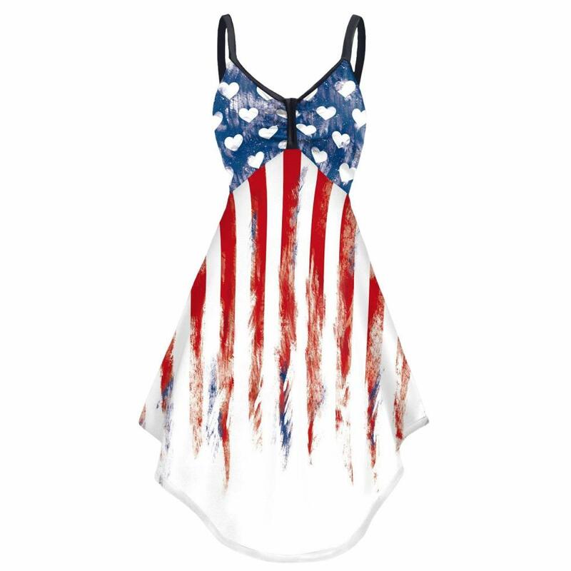 Vestidos de verano con cuello en U para mujer, tirantes finos, 4 de julio, falda holgada informal con estampado de bandera para playa