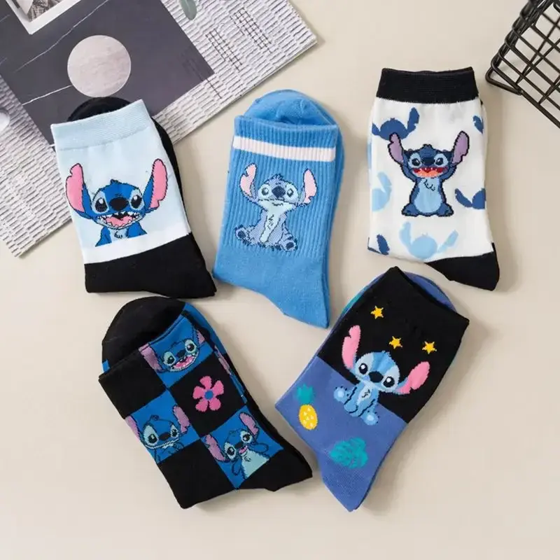 Disney-Anime Stitch Cotton Socks para crianças, figuras impressas, desenhos animados padrão, respirável, médio, inverno, Calor, presentes para crianças