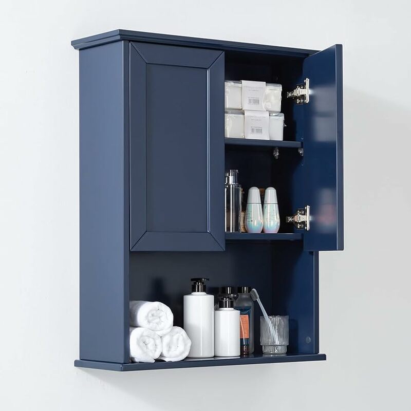 Mobile da bagno blu montato a parete con 2 ante e ripiano regolabile, 23 "x 29" medicina in legno sopra il wc appeso a parete