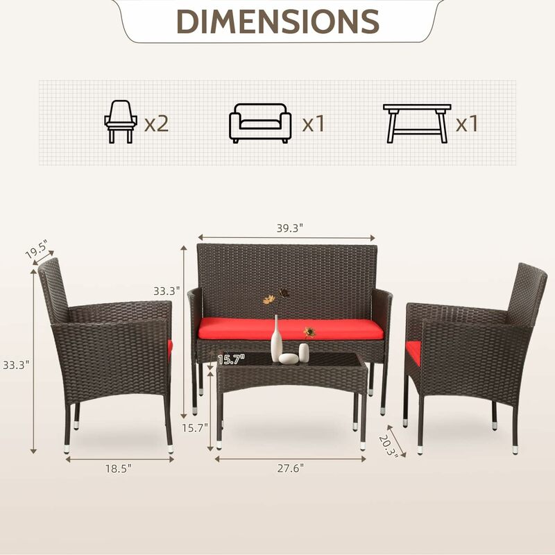 4-częściowy wiklinowy zestaw do rozmów na patio Meble ogrodowe, krzesło rattanowe, sofa, stolik kawowy, brązowa wiklinowa/czerwona poduszka