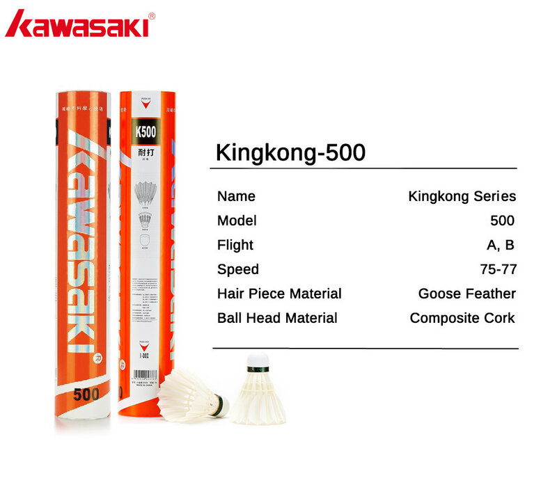 Kawasaki King Kong 100/500 Feather Shuttlecock Badminton For Clubs & Training Racquet Sports Speed 76 77, trwała piłka do badmintona