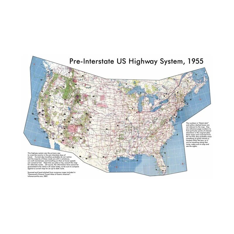 Mapa stanów zjednoczonych 59*42cm mapa świata pre-interstate US High Way System 1955 plakat i druk na ścianę Home School Decor