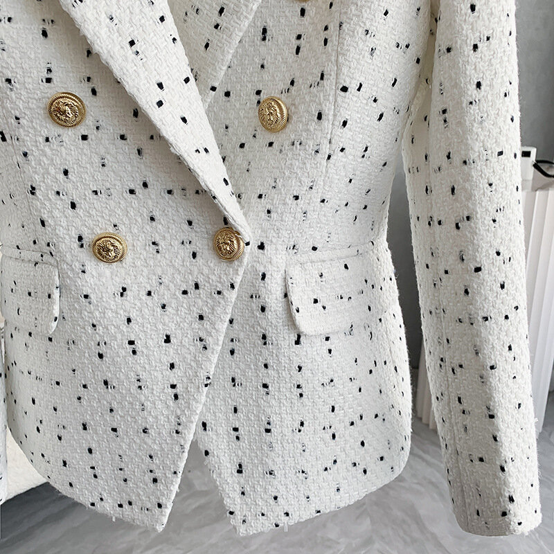White Women Suit Ladies Formal Blazer Elegant Plaid Female Double Button Slim Business Work Wear Office Lady Jacket Coat
