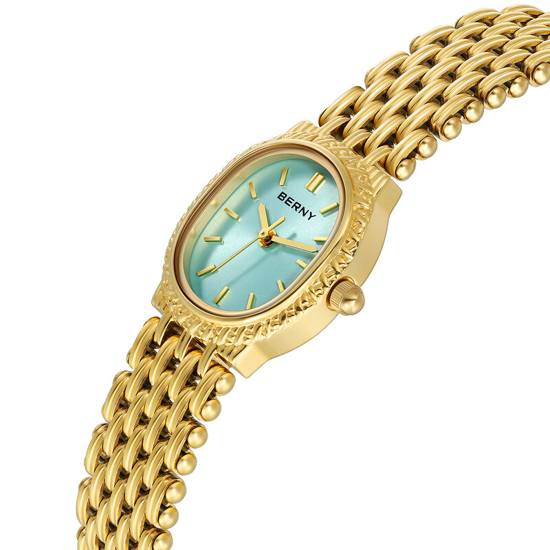 BERNY Quartz Ladies Watch Gold Small Dial Wristwatch Luxury Elliptical Wristwatch Waterproof Simple Retro Dress Watch for Women