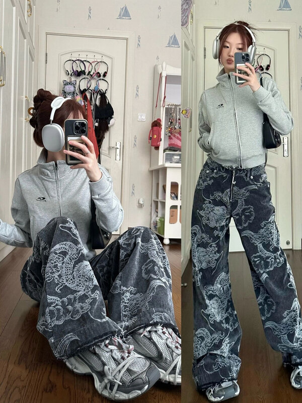 Guochao-Dragon Print jeans reto para mulheres, calças de cintura alta, solto e magro, Y2K, hip-hop, cintura alta, Y2K, 2022