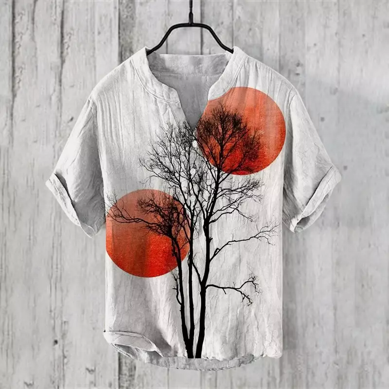 New 2024 Japanese-style 3D Print Vintage Henley Shirts Men's Fashion Short Sleeve T Shirt Tees Tops Clothing