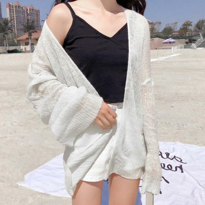 Summer Knitted Cardigan Cardigan lazy loose Hollow soild color long-sleeved air-conditioned shirt Cropped Sweter Cardigan
