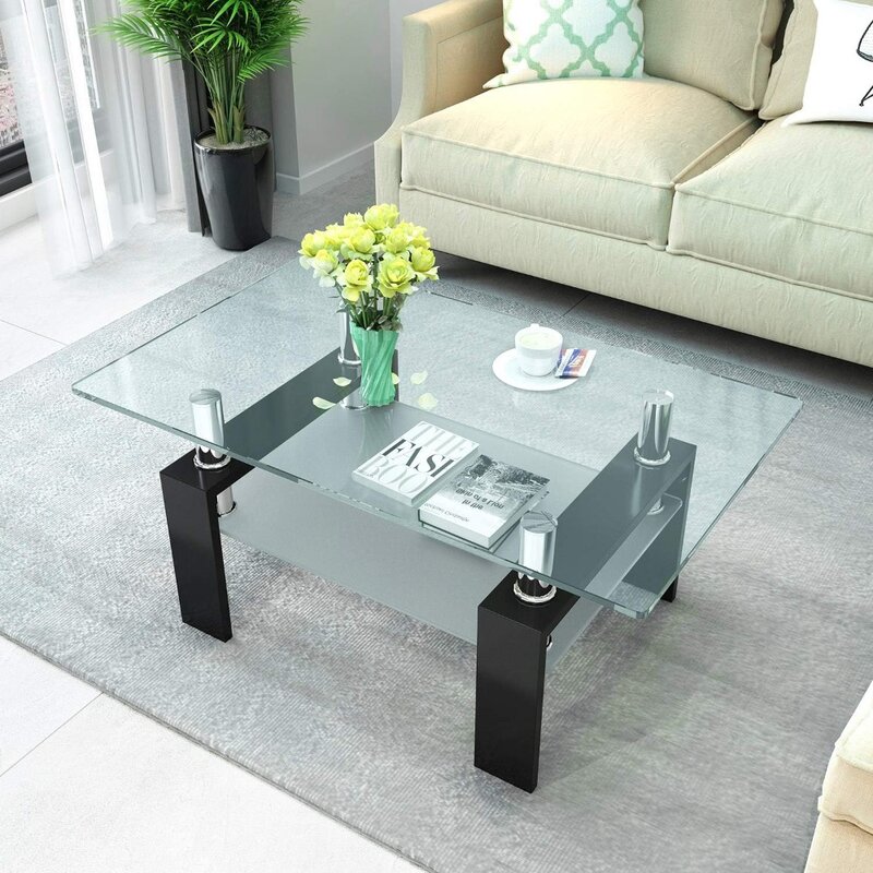 Tavolino rettangolare in vetro-tavolino moderno con lato centrale e ripiano inferiore gambe in metallo nero-completo per soggiorno (nero)