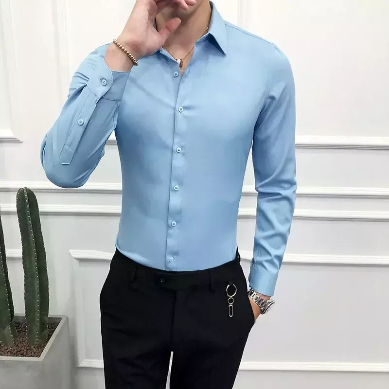 Мужская однотонная деловая рубашка, приталенная брендовая Деловая блузка с отложным воротником и длинными рукавами, 2023