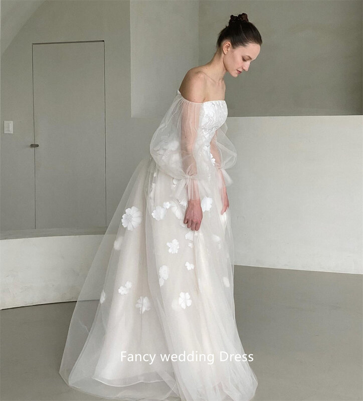 Fancy Korea Off Shoulder Garden Wedding Dress Photoshoot Long Sleeve Tulle Floor Length Bridal Gown Custom Made