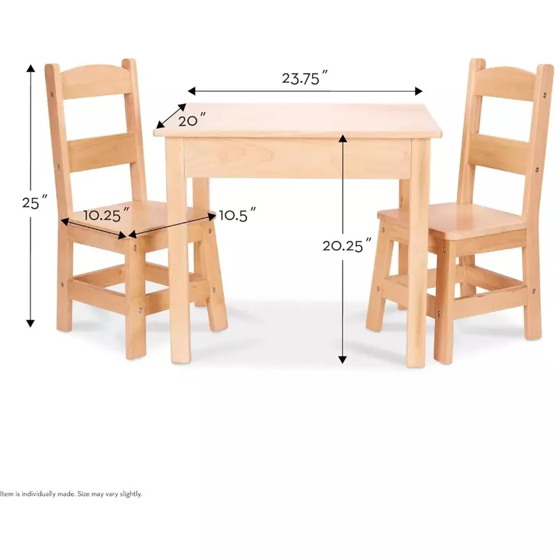Juego de mesa y 2 sillas de madera maciza Melissa & Jeff, acabado ligero, muebles para sala de juegos, Rubio