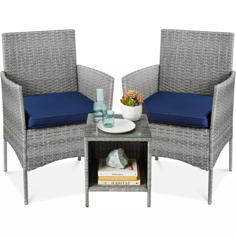 Кемпинг, 2 подушки, стол для кемпинга, 3 предмета, открытый плетеный разговор, набор для бистро, сад с 2 стульями, боковой стол для хранения-серый/темно-синий