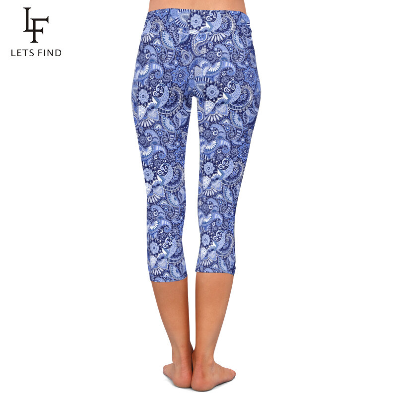 Letsfind verão nova 3d paisley impressão digital caju flores calças femininas de cintura alta macio fitness estiramento capri leggings