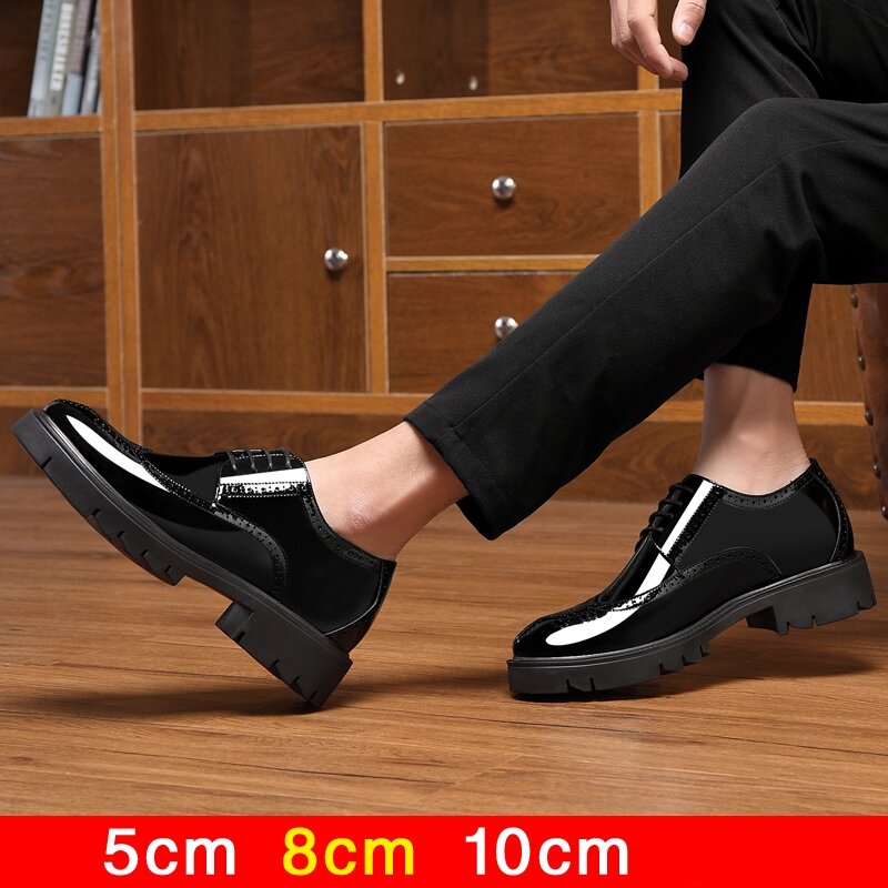Luxury Men Brogues Patent Leather Elevator Shoes Man Height Increase Insole 8cm/10cm Black Formal Business Wedding Men Shoes New