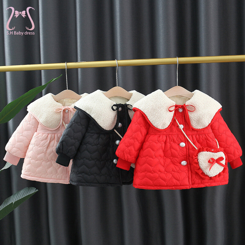 Abrigo de algodón de 2 piezas para niñas, conjunto de ropa de moda con cuello de muñeca, monos, chaqueta cálida para niños pequeños, bolsa de envío