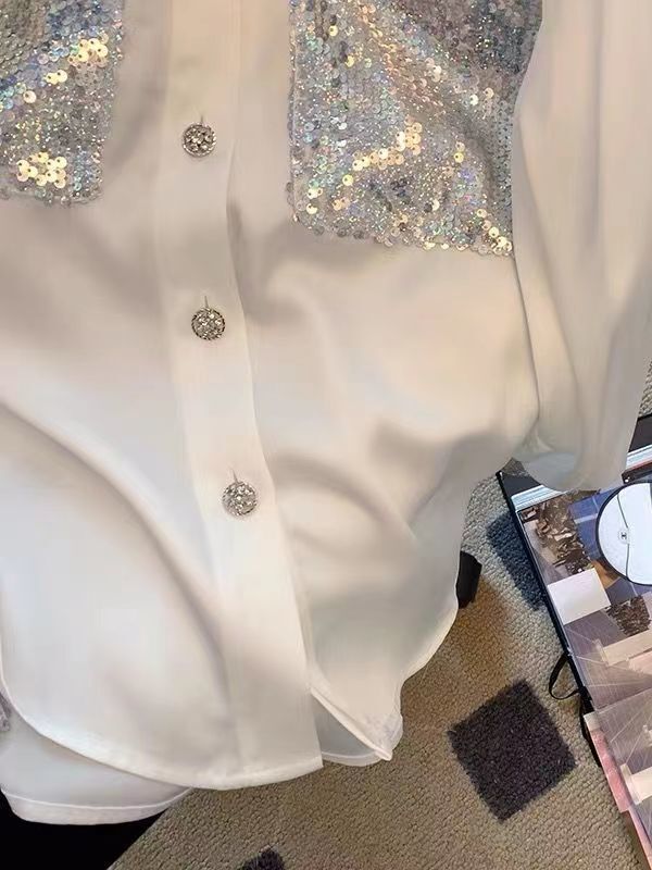 Chemise blanche à manches longues avec paillettes, haut de gamme français, design à la mode, printemps et automne 2024