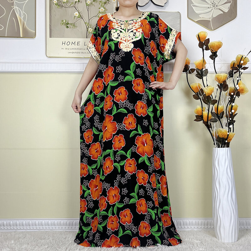 New Summer African Abayas For Women Dashiki Short Sleeves Dress Printed Cotton Floral Loose Robe Kaftan Women's Islam Clothing