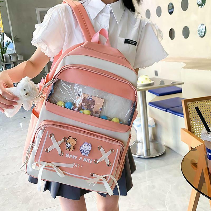 Aesthetic Backpack Set Included Pins And Plush Pendants Aesthetic Waterproof School Bag Set 5 Piece Backpack For School