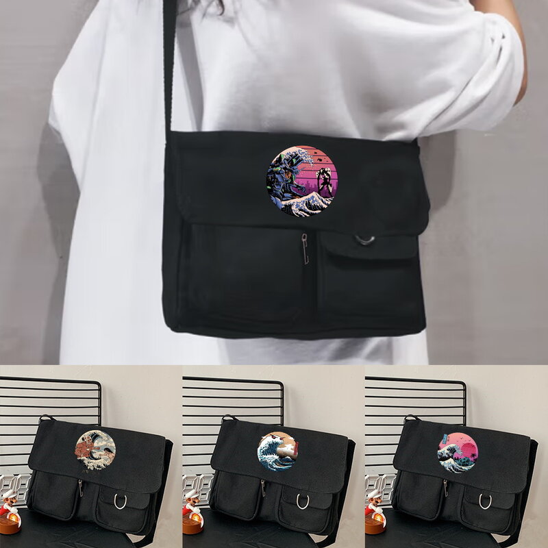 Women's Canvas Crossbody Bags Fashion Shoulder Bags Student High Quality Storage Bag Wave Print Casual Large Capacity Handbag