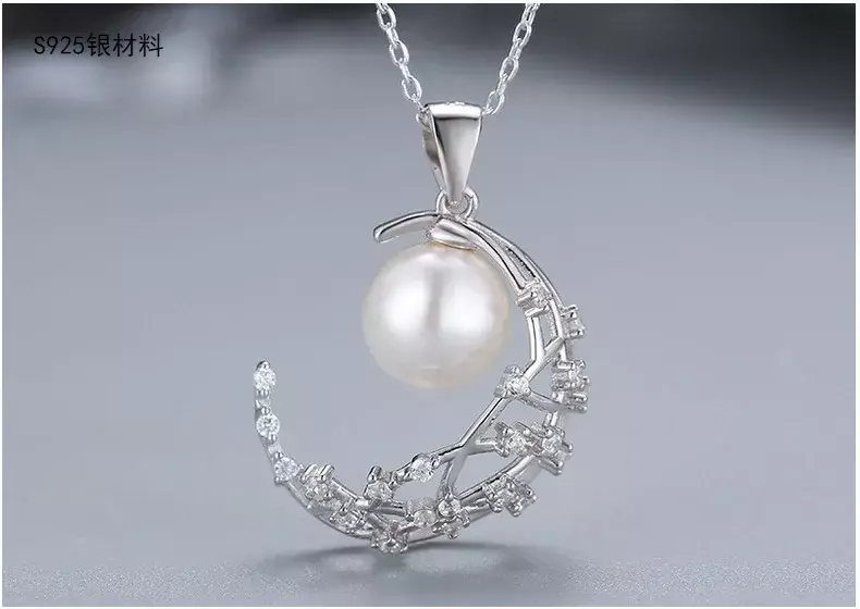 S925 Sterling Silver Moon Pearl Pendant Simple Fashion All-Match Hollow Necklace Diy Eardrop Frame Ornament