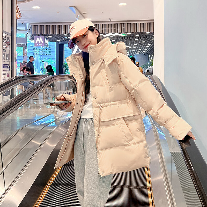 Abrigo de algodón con capucha para mujer, chaqueta de longitud media, holgada, gruesa y cálida, moda de invierno, novedad de 2023