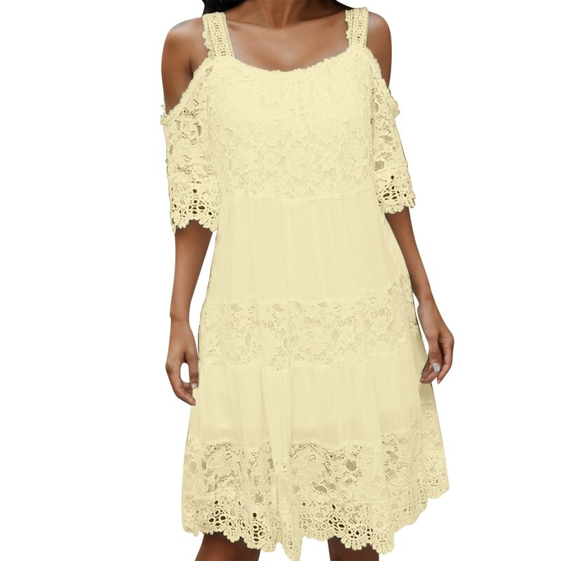 Women's Casual Dress Smooth Lace Dress Strap Lace Cut Out Midi Dress Surplice Dress for Women Skater Dress for Women Summer