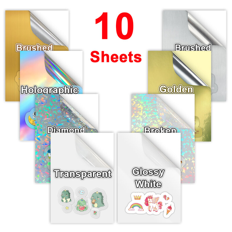 Papel adhesivo de vinilo para impresora de inyección de tinta, autoadhesivo holográfico A4, impermeable, láser arcoíris, 10 hojas
