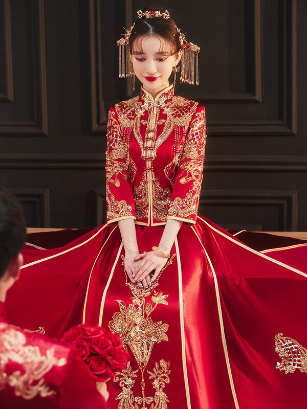 신부 만다린 칼라 치파오 중국 스타일 오리엔탈 레드 피닉스 자수 의상, 빈티지 웨딩 드레스