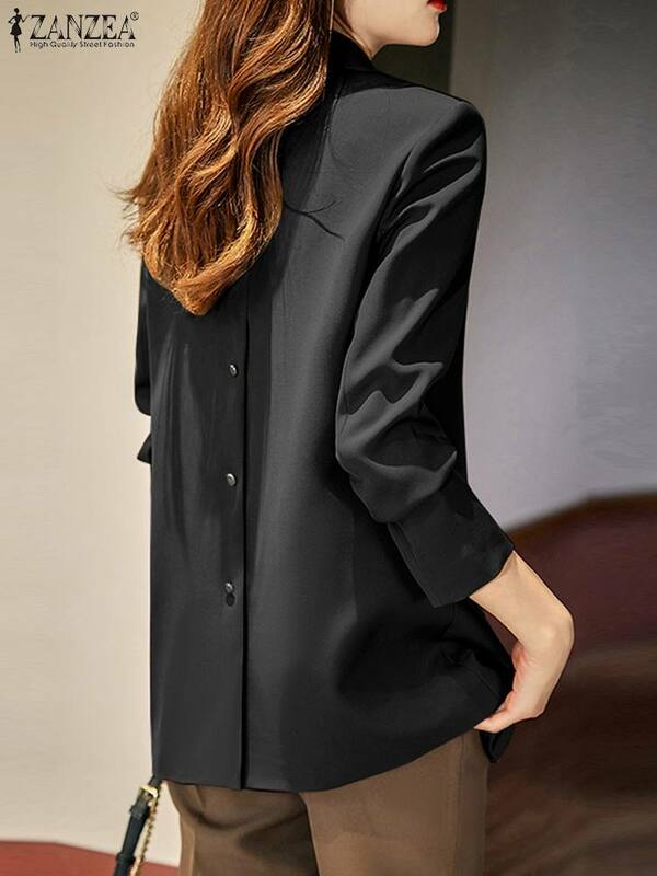 Jesienne dekolt z klapami z długim rękawem damski Blazer biurowy garnitury moda ZANZEA kobiet jednolita kurtka eleganckie praca w biurze kurtki damskie cienkie ubrania