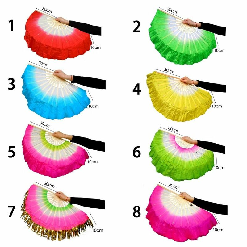 중국 짧은 벨리댄스 선풍기, 대나무 30cm + 10cm 하프 서클 실크 베일 쌍, 양코 댄스 대나무 팬, 손으로 염색 성인 인기 판매