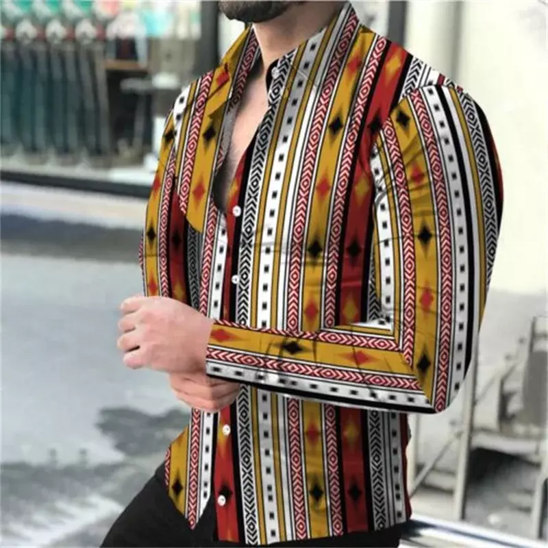 Camisa retrô de lapela tribal masculina, tops casuais, moda de rua, material de alta qualidade, venda quente, primavera, verão, 2023