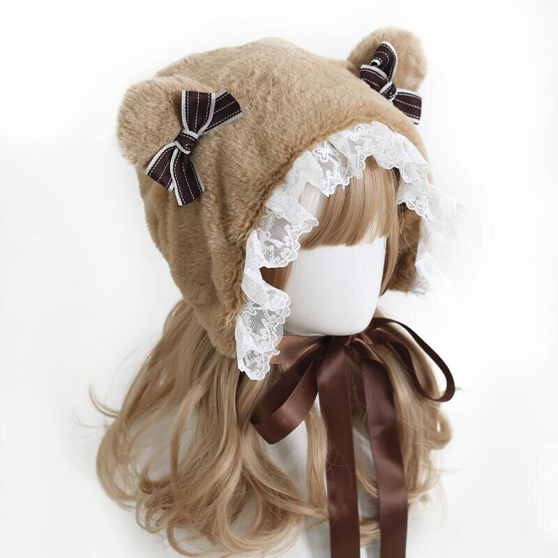 Gorro con orejas de oso de encaje lolita, orejeras con lazo, sombrero marrón esponjoso en invierno
