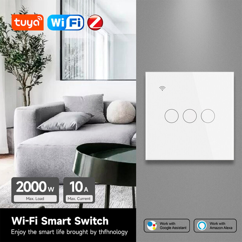 Умный светодиодный сенсорный выключатель Tuya Wi-Fi Zigbee, беспроводной дистанционный переключатель с поддержкой Wi-Fi, без нейтрального провода, требуется 1-3 клавиши, Alexa, Google Home