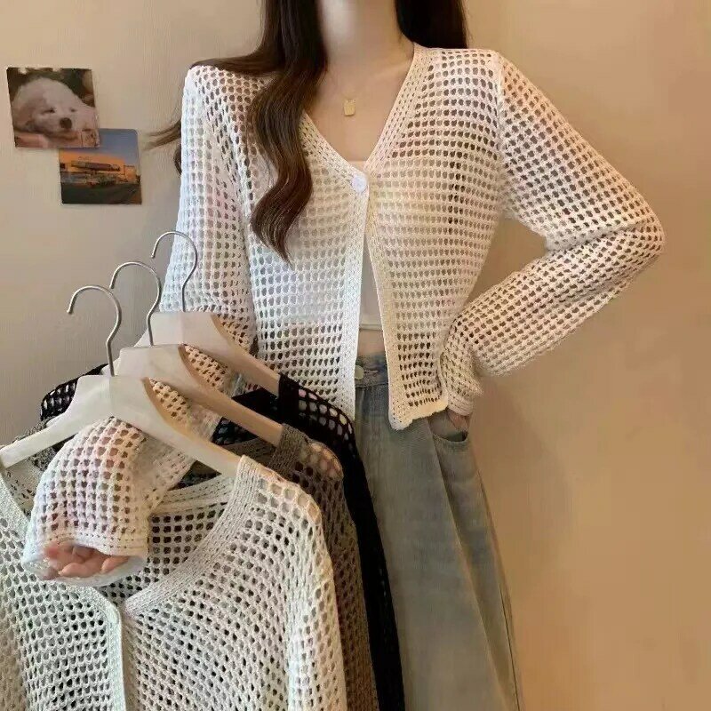 2024Summer New Korean Style Loose Outerwear Knitwear Short Cape Top Hollow out Long-Sleeved Sun-Proof Cardigan Women