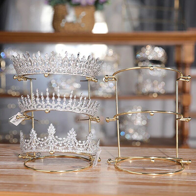 العروس تاج عقال Tiara دعم حامل الأميرة الراين تاج عرض الرف المعادن الذهب كريستال Headbands المنظم