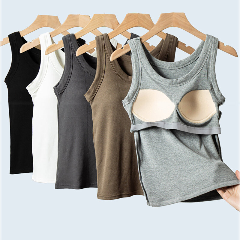 여성용 가슴 패드가 있는 모달 골지 캐미솔, 민소매 이너 셔츠, 단색 겉옷, 은폐 측면 절개, C4875, 여름