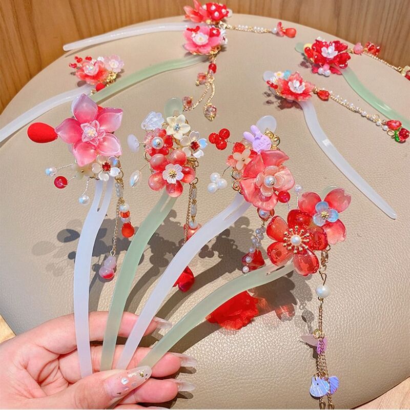 중국 한푸 머리 장식 꽃 술 비녀 빨간 머리핀, 절묘한 꽃 머리핀, 소녀 고대 스타일 머리핀