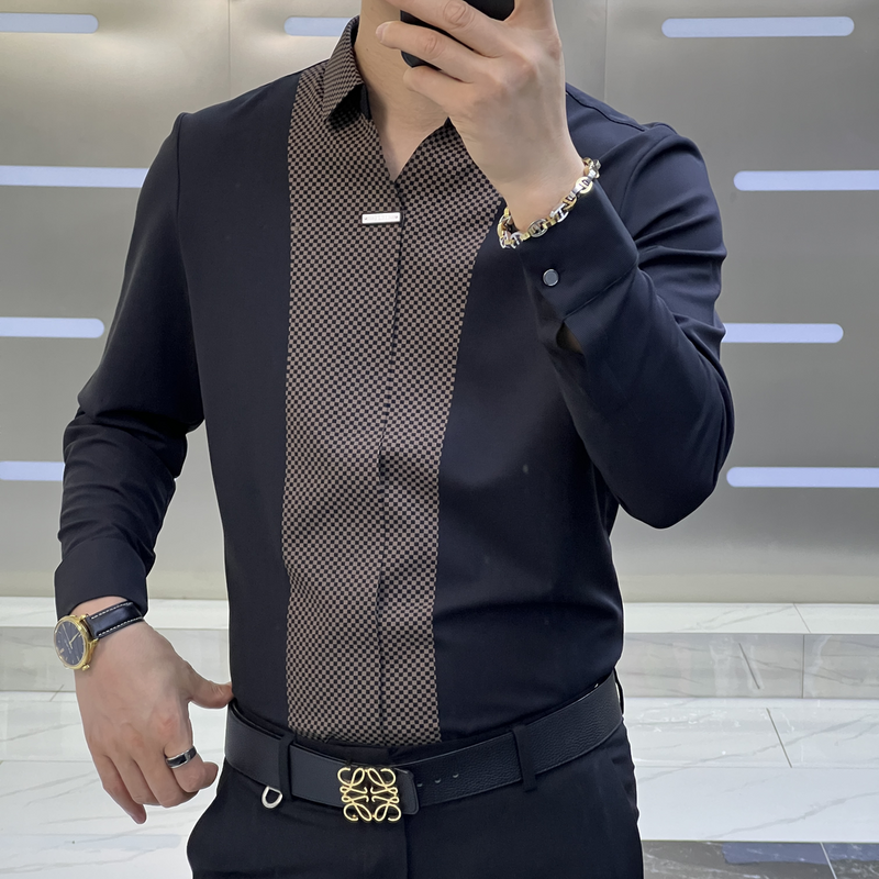 Рубашка мужская приталенная с длинным рукавом, деловой Повседневный усовершенствованный топ с квадратным вырезом, на пуговицах, проветриваемая, в стиле пэчворк, осень