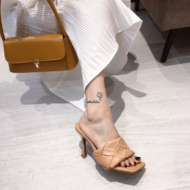 Sandalias de tacón alto con punta cuadrada para Mujer, zapatos de tacón alto con tejido cruzado de alta calidad para fiesta urbana, verano, 2024