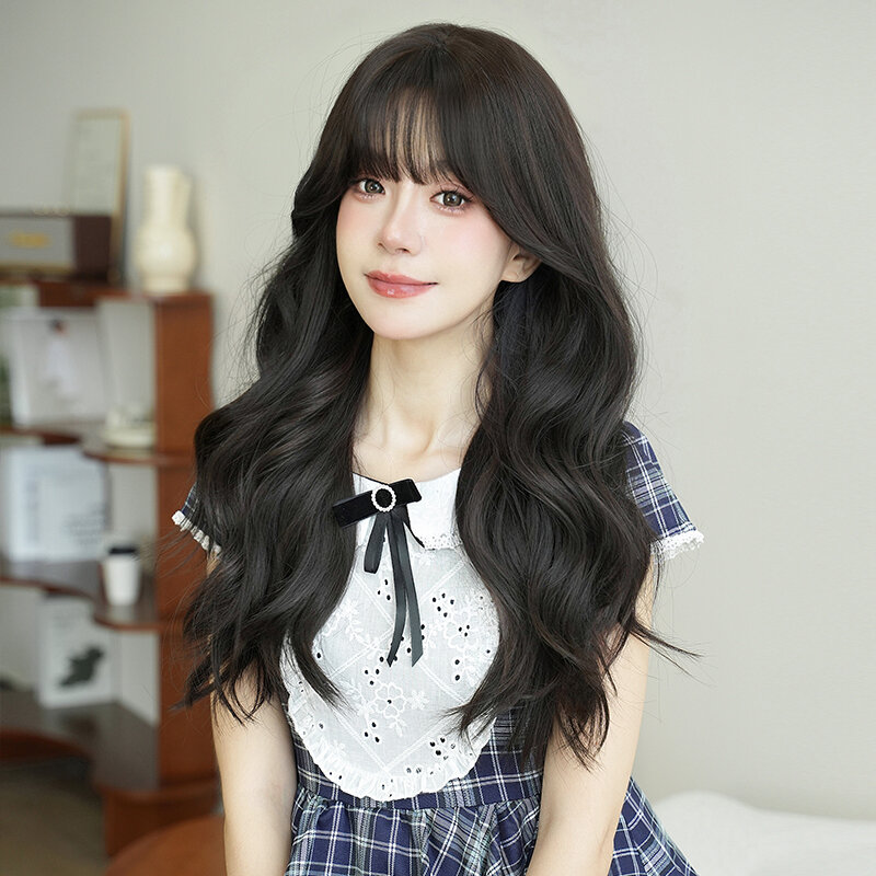 7JHH WIGS Layered Synthetic Body Wavy Dark Brown Wig for Women Beginner Friendly Long Loose Curly Hair Wigs with Fluffy Bangs
